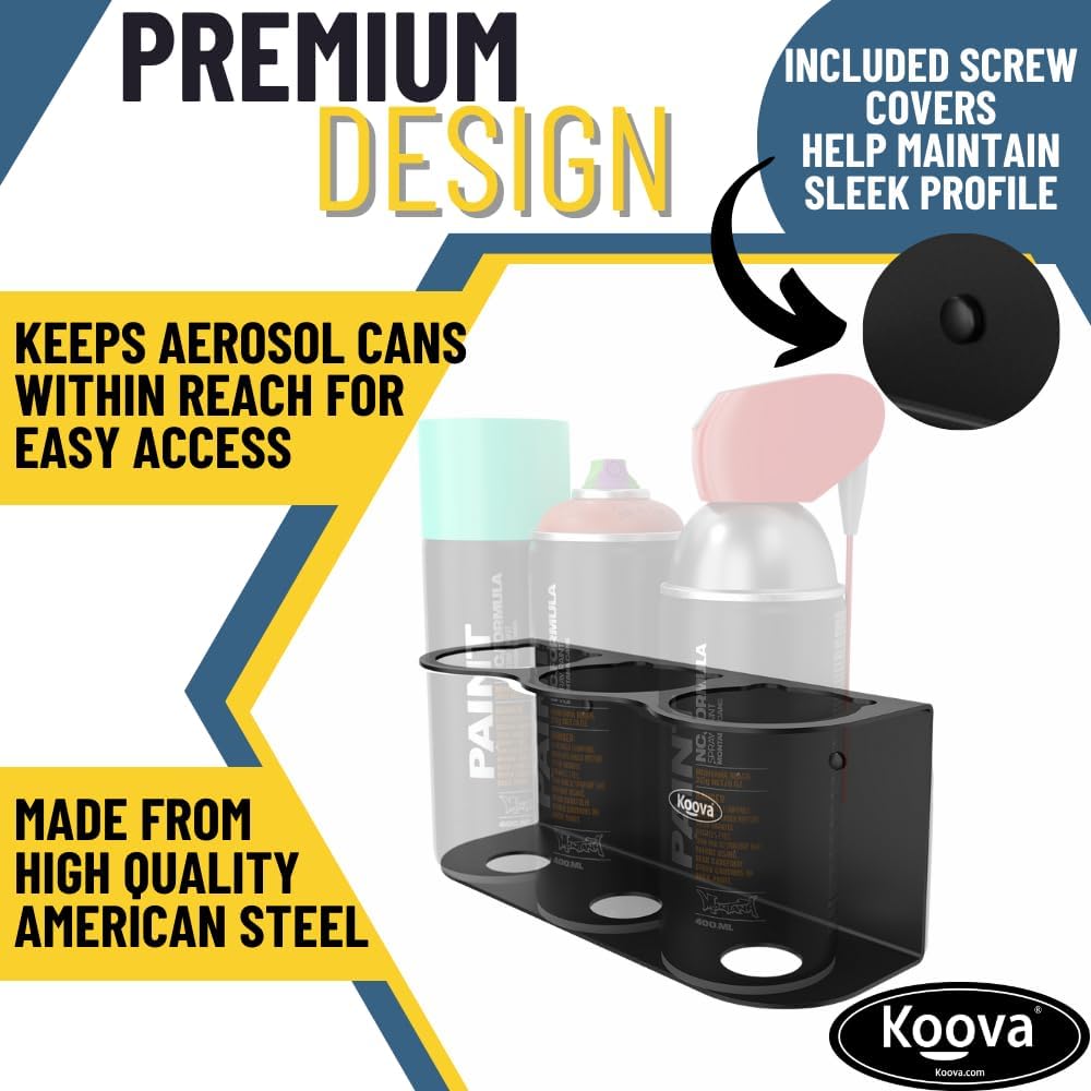 Koova 3 Aerosol Spray Can Holder | Easy Install Wall Mount | Heavy-Duty Powder Coated Steel Storage Rack for Garage & Home | Craft Workspace Paint Bottle Organizer | Hardware Included | USA Made