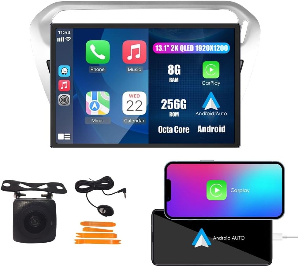Kunfine Car CarPlay Android Auto Navigation Stereo GPS Radio Reverse Camera Display 13.1" QLED Touchscreen Headunit Tablet Pad Media Player For Peugeot 301 13-22 if Applicable Octa Core 8G+256G Silver