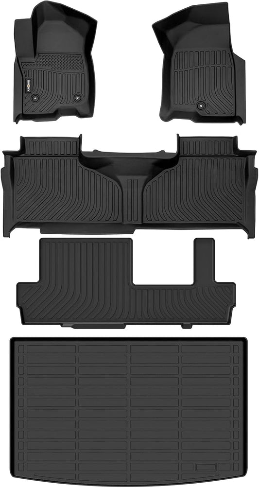 GINOWY-Floor Mats & Cargo Liner for Chevy Suburban/GMC Yukon XL 2021-2024 2025 8 Seats Bench Seat TPE All Weather Protection Car Mats Custom Non-Slip Trunk Mat Suburban Accessories Black