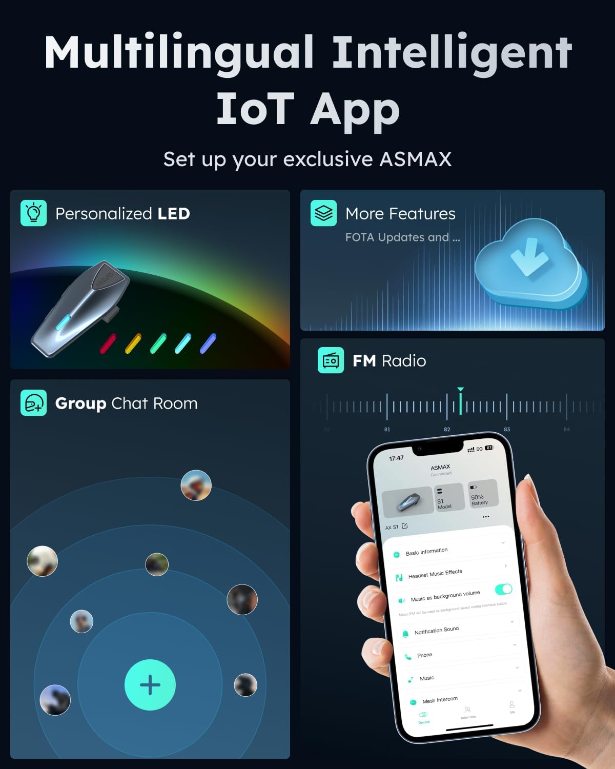 S1 Motorcycle Bluetooth Headset with 3 Intercom Modes, 8-Rider Mesh Communication, AI Voice, FM Radio, Auto Volume, Waterproof, Fast Charging for Helmet/ATV/UTV/Snowmobile(Blue)