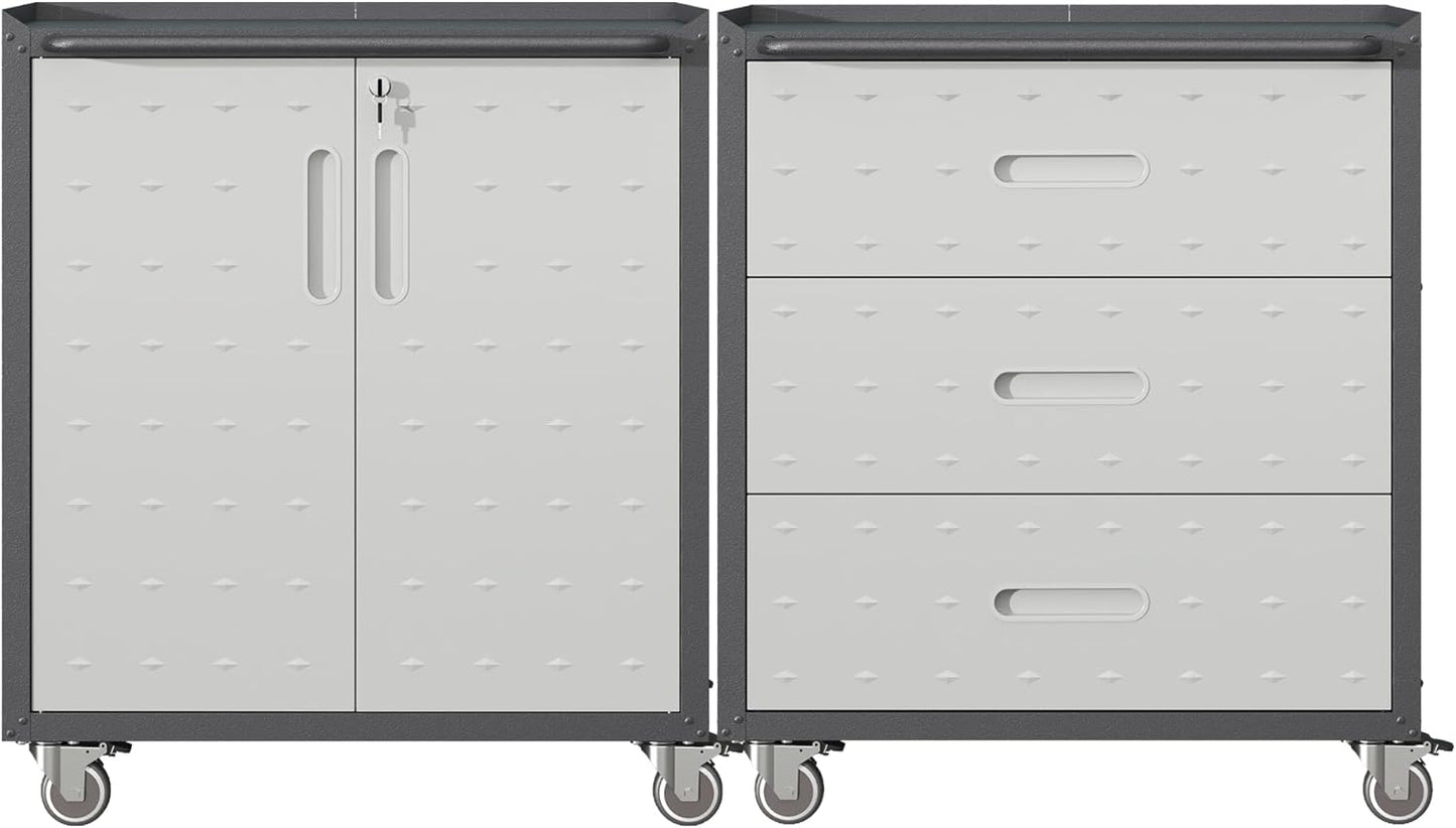 Metal Tool Cabinet,Garage Storage Cabinet System,Wall Cabinet & Locking Rolling Tool Cabinet with Doors and Adjustable Shelves,Steel Tool Cabinets for Home,Office (2 Pcs-StyleC, Black & Grey)