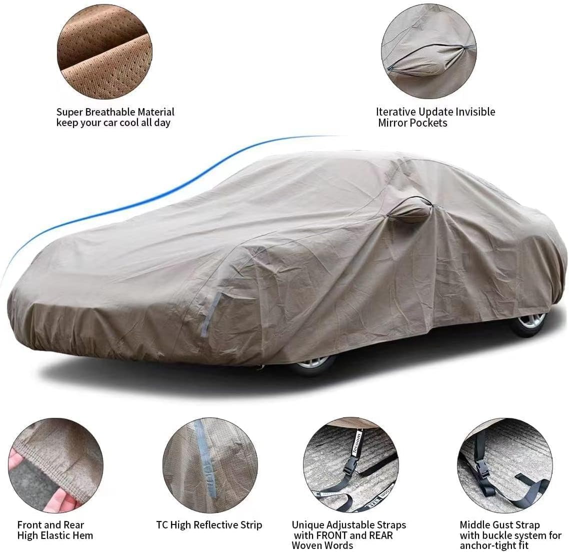 Tecoom Car Cover Waterproof All Weather, Non-Woven Breathable Outdoor Full Covers for Automobiles with Zipper Pockets Sun Uv Wind Hail Protection Universal Fit Mercedes Chevrolet, 183-192 Inch