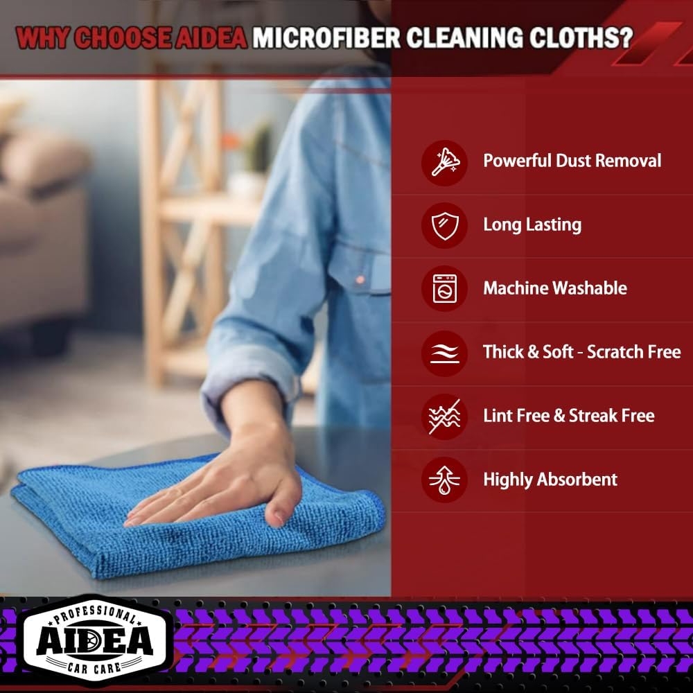 AIDEA Microfiber Car Cloths - 50 Pack Premium Absorbent Cleaning Towels for Cars, SUVs, House, Kitchen, Window, Gifts (12in x 12in)