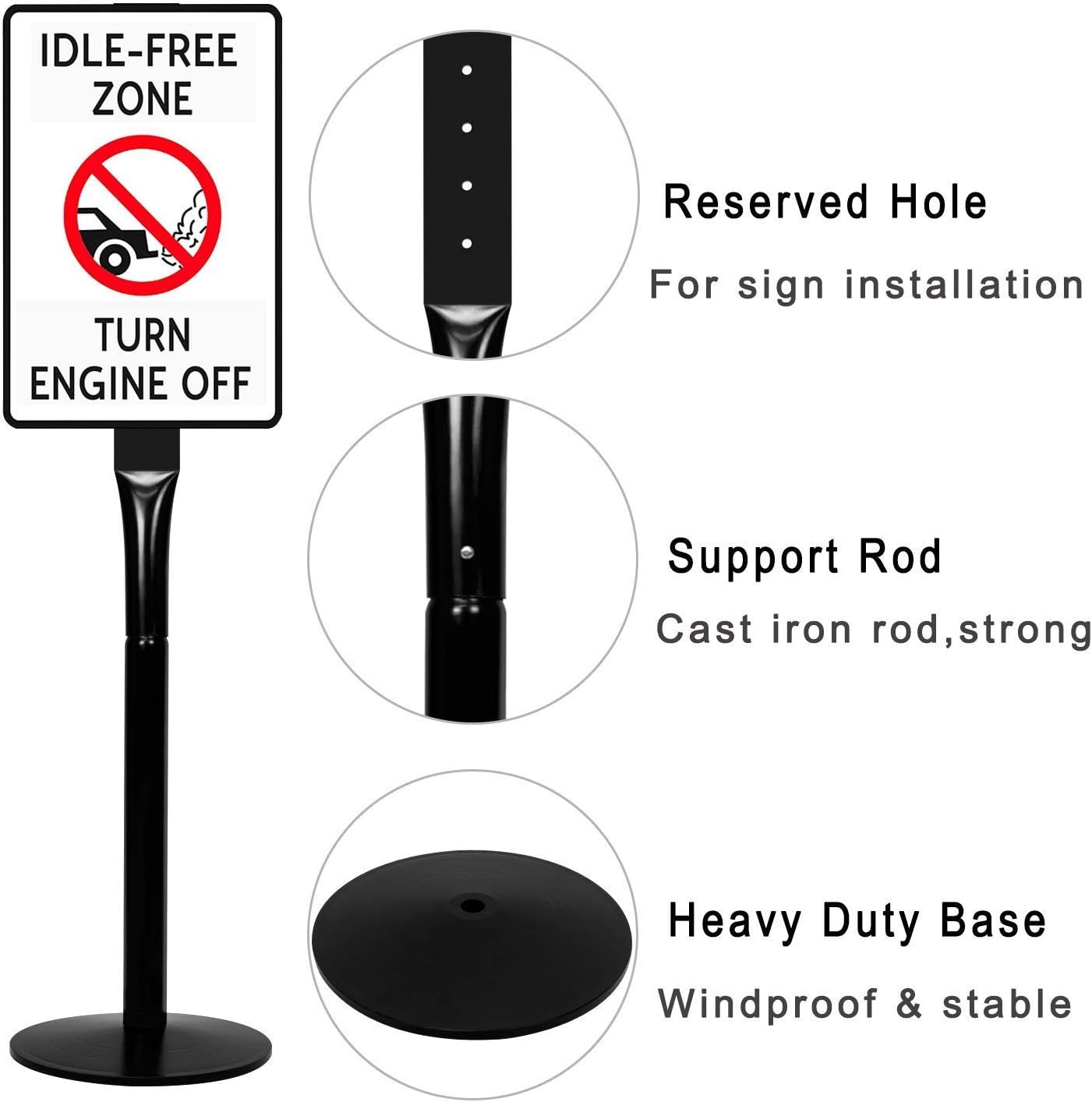 Parking Sign Post 48" Heavy Duty Cast Iron Parking Signs Stand, Movable Sign Stand for Hanging Signs, Black （15 pounds）