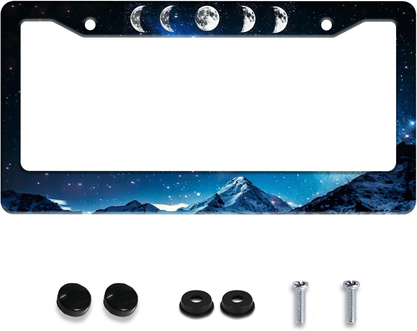 Personalized License Plate Frame Moon Phase Mountains Stainless Steel Accessory License Plate Holder Funny Car Decorative 2 Holes Screws Fits Us Standard License Plates 12.2 X 6.3 in for Men Women