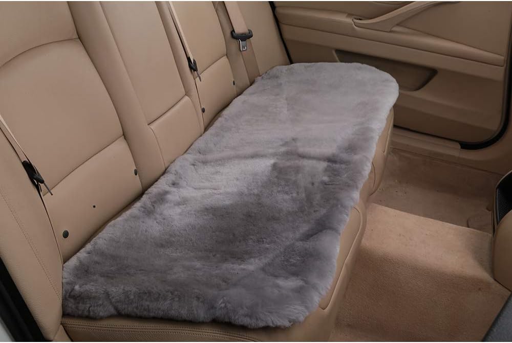 Fluffy Genuine Sheepskin Car Back Seat Cover for Auto Fuzzy Interior Accessories with Soft Wool Eco-Friendly Natural Fur Non-Slip (Misty Gray, Back)