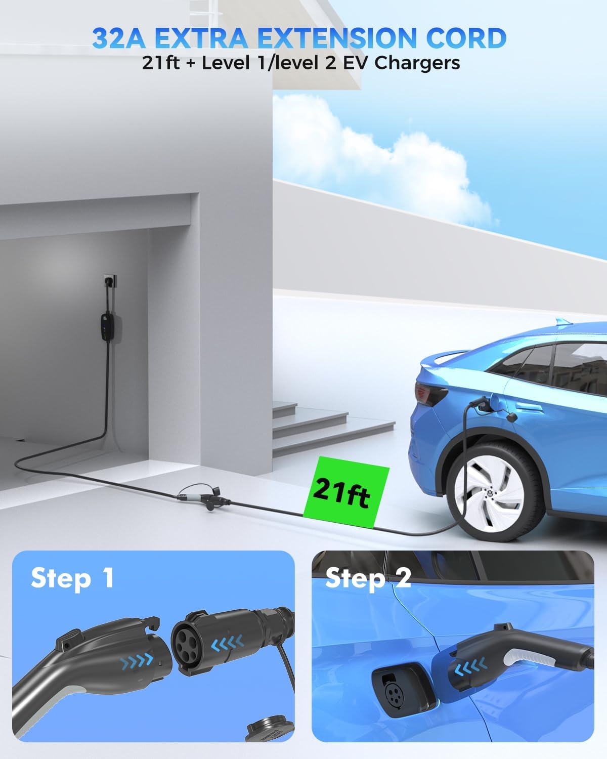 EV Charger Extension Cable, 21ft 32Amp J1772 Extension Cable Compatible with 110V-240V SAE J1772 EV Chargers, Suitable for J1772 EVs/PHEVs, Level 1/ Level 2 IP66 Car Charger Extension Cord with Bag