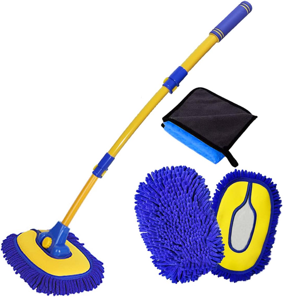 Car Wash Brush with Long Handle, Microfiber Towels Car Wash Kit Cleaning Supplies, Car Wash Mop Mitt with 2 Replacement Head , Extension Pole Car Brush Cleaning Kit for Cars Trucks(Blue)