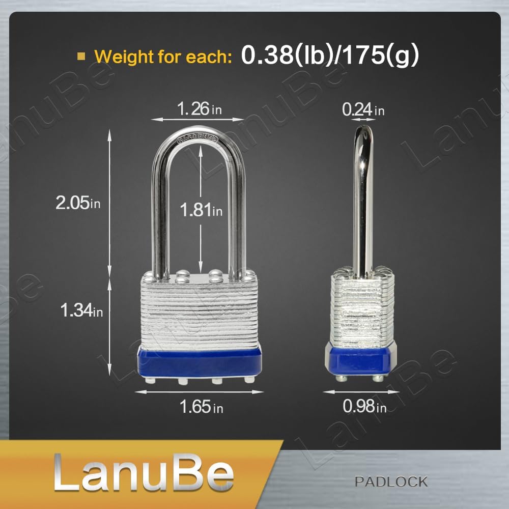 LanuBe Laminated Padlock 1-9/16inch (40mm) Long Shackle 100 Pack Keyed Alike, Blue Plastic Hoop, Bulk Locks for Warehouse, School