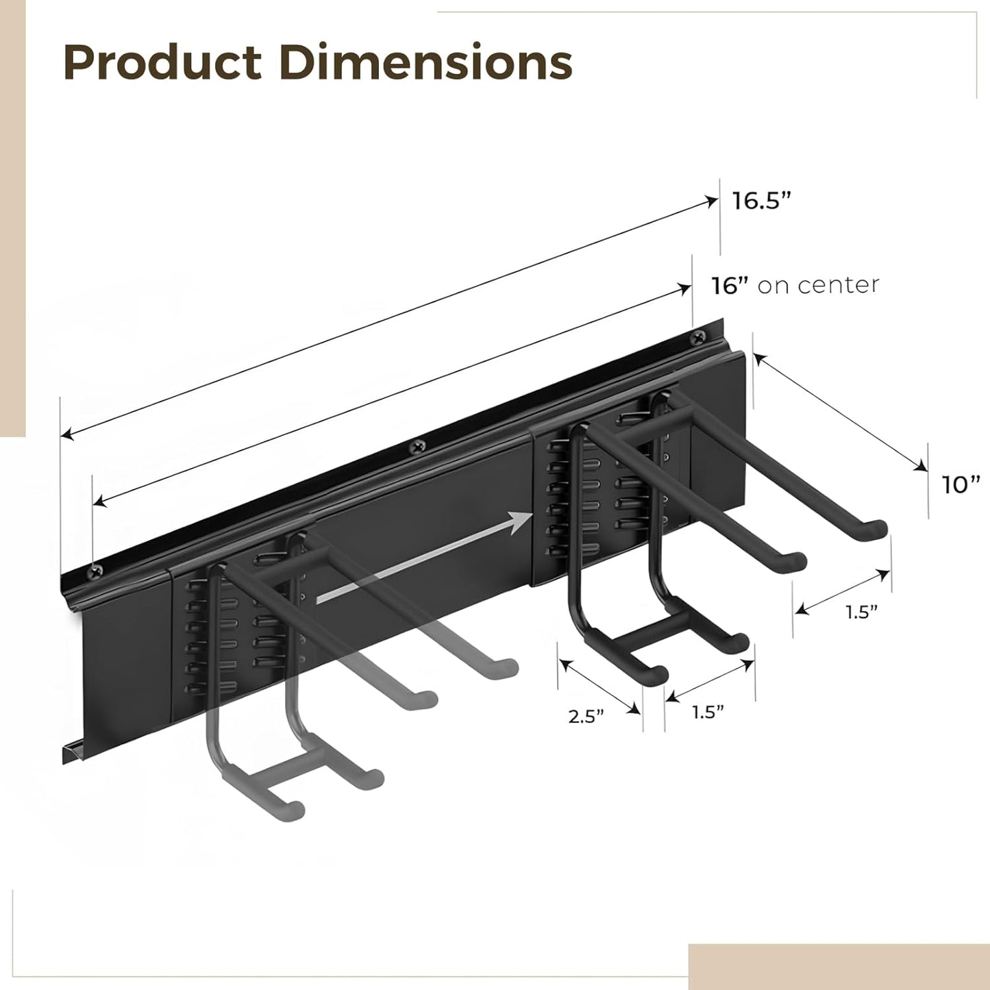 Heavy Duty Garage Organizer Tool Organizer Wall Mount, Iron Metal Hooks Set 6 Pcs, Black Adjustable Dual Hooks, Ideal for Saving Space, Supports 16 in Stud Spacing