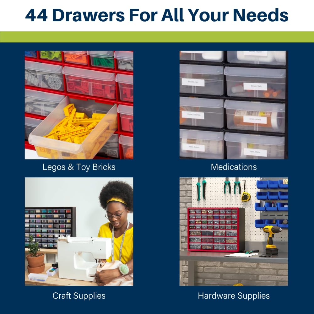Akro-Mils 44-Drawer Plastic Drawer Storage Cabinet for Garage Organization, Bead Organizer, Building Bricks Storage, Teacher Toolbox, Makeup Organizer, 20-Inch W x 6-Inch D x 16-Inch H, 10144 Yellow