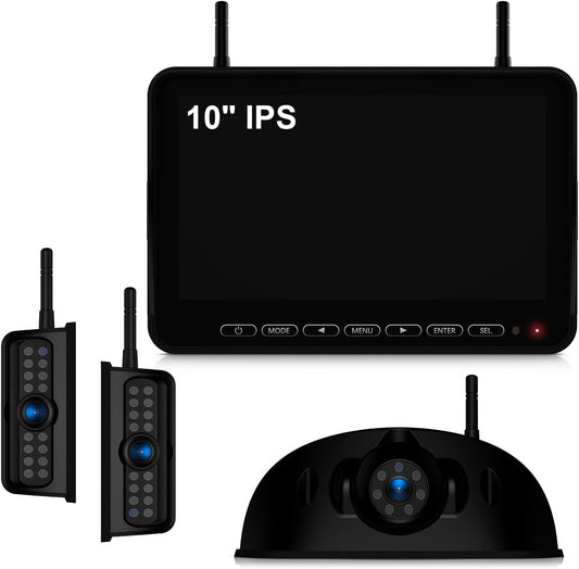 Fookoo 1080P 10" Wireless RV Backup Camera System for Furrion Pre-Wired RV Truck Trailer, 10" IPS Monitor, 2 Side View 1 Rear View Cameras, Split Screen IR Night Vision Recording Waterproof - D10Y3