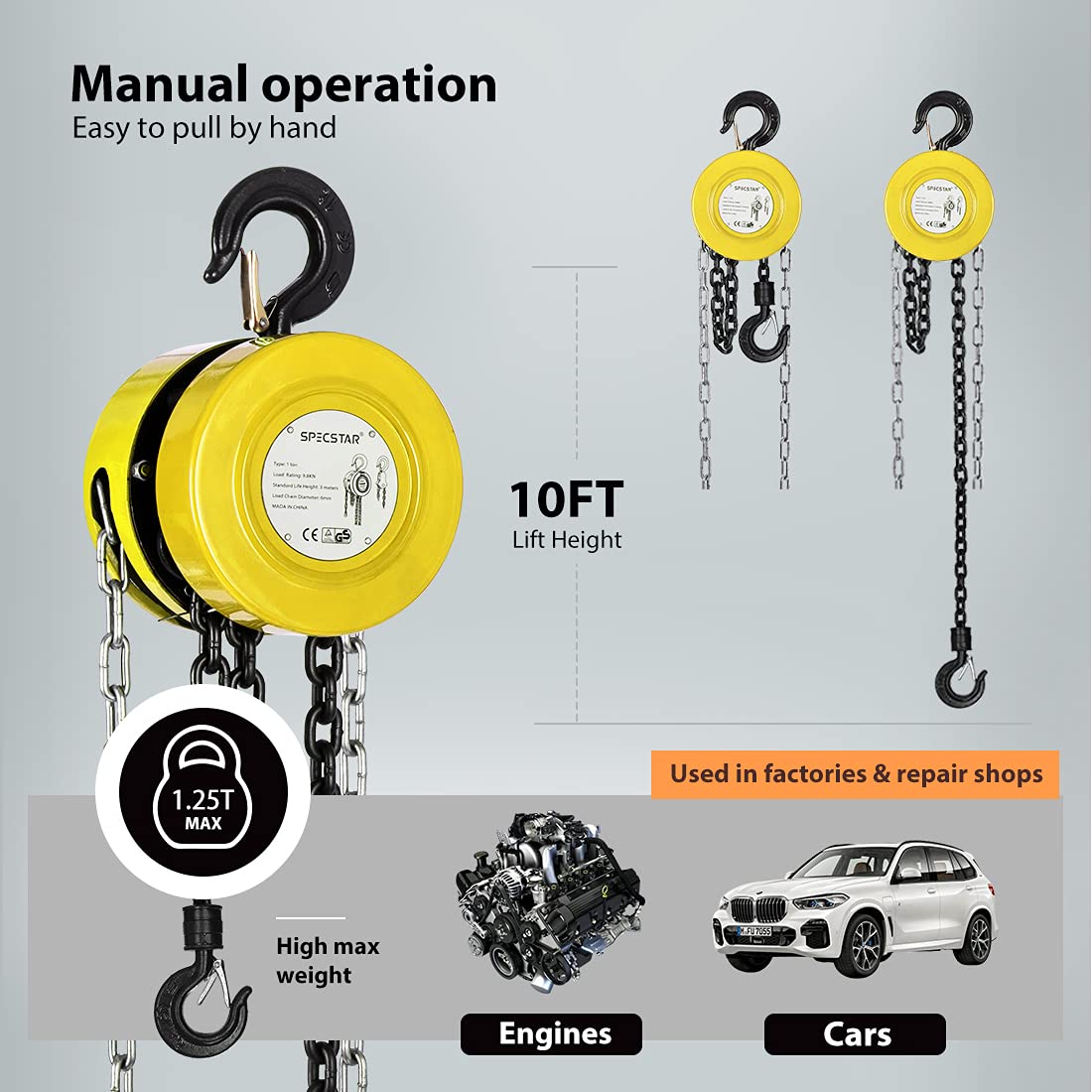 SPECSTAR Hand Chain Hoist 1 Ton 2200 Lbs Capacity 10 Feet with 2 Heavy Duty Hooks, Manual Chain Fall for Warehouse Building Automotive Machinery Yellow