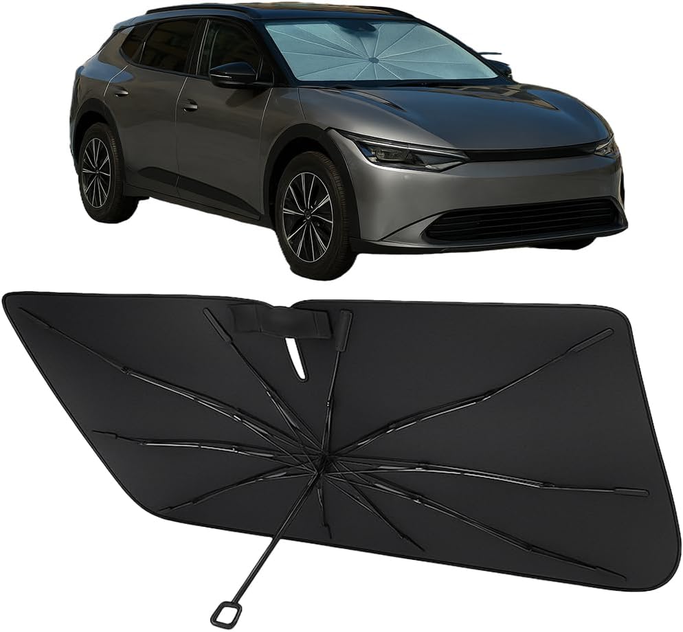 Proadsy Windshield Sun Shade Umbrella for Toyota bZ4X 2023-2025 2026 Foldable Car Umbrella Sunshade with Soft TPU Handle Spring Structure Crystal Cooling Material Protect Car from Rays & Heat