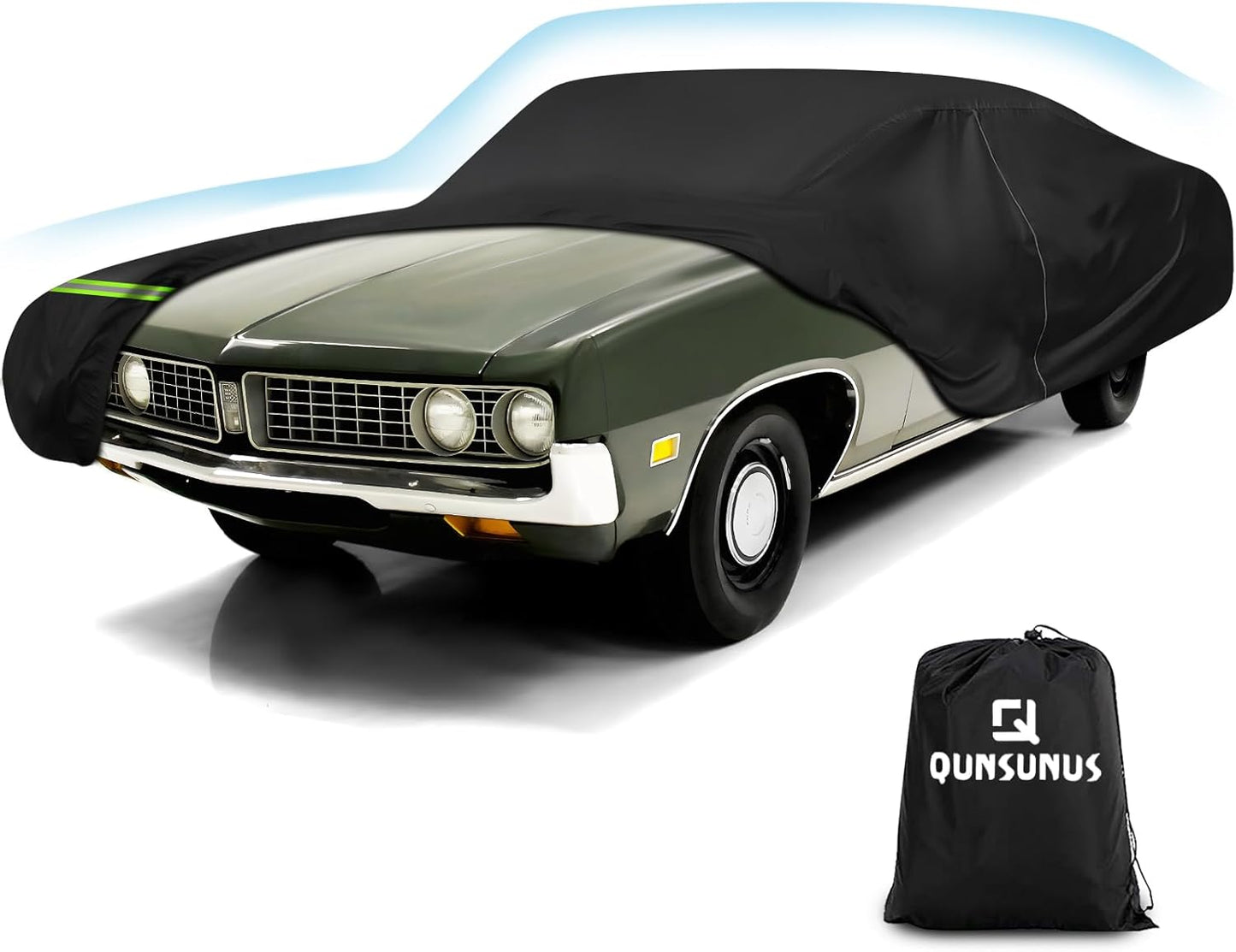 QUNSUNUS Waterproof Car Cover for Ford Torino 1968-1976 and Fairlane 1968-1970 4-Door, Outdoor Car Covers with Zipper and Straps for Wind, Sun, UV and Dust Protection