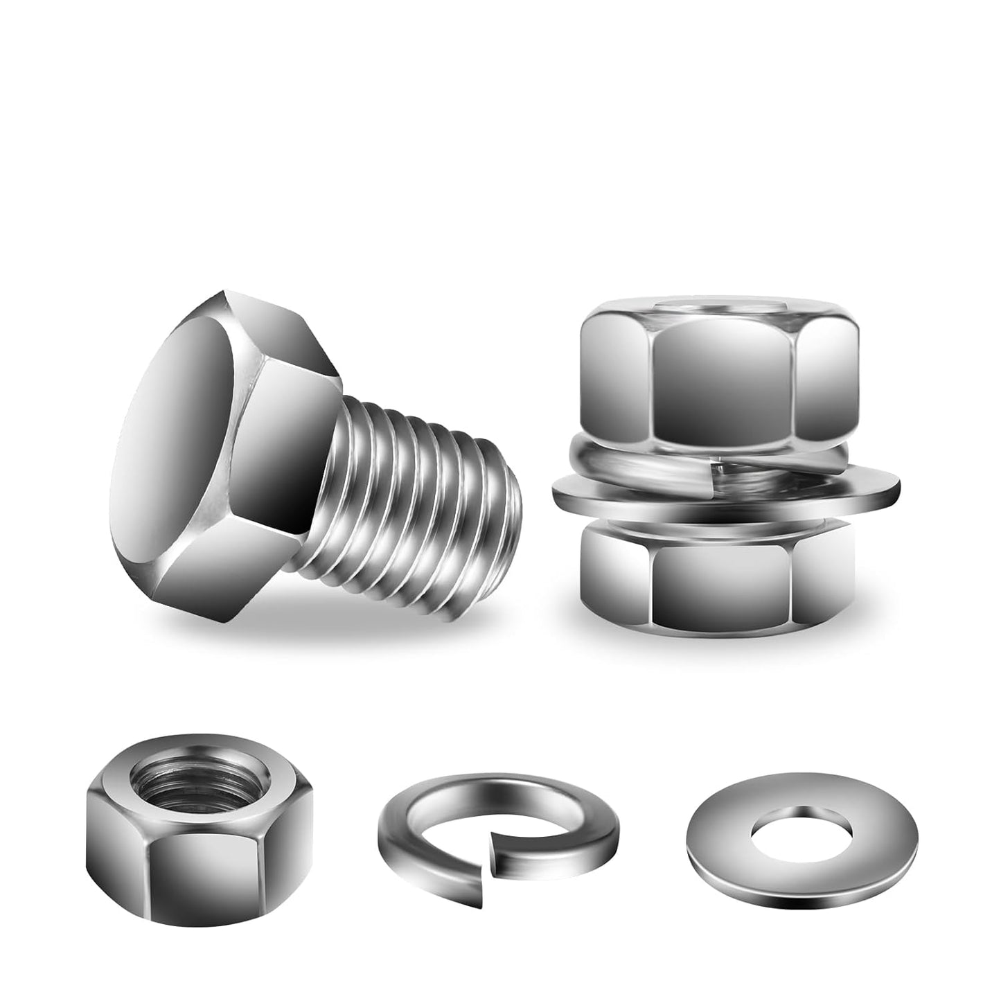 3/8-16 x 5/8" Hex Head Screw Bolt, Nuts, Flat & Lock Washers, 10Pcs 18-8 (304) Stainless Steel, Fully Threaded, by SG TZH