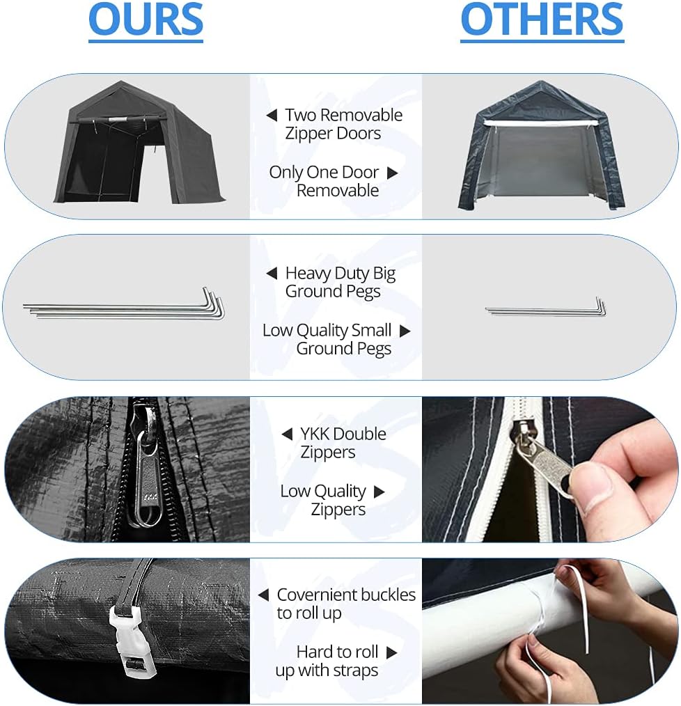 ADVANCE OUTDOOR 8x14 ft Steel Metal Peak Roof Portable Garage Shelter Storage Shed Carport for Motorcycle, Bike or Garden Tools with 2 Roll up Doors & Vents, Gray