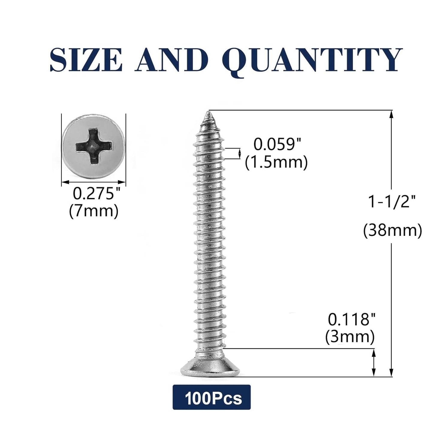 #7 x 1-1/2" Wood Screw 100Pcs 18-8 (304) Stainless Steel Screws Flat Head Phillips Fast Self Tapping Drywall Screws by SG TZH