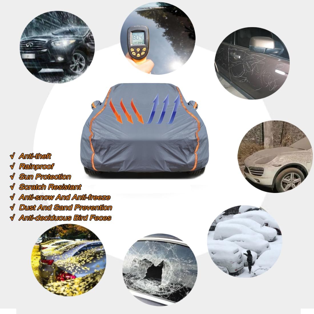 KEYOOG Universal Waterproof Heavy Weight Full Car Covers, Fit Pickup, All Weather, Outdoor Full Cover Weatherproof UV Sun Protection Snow Dust Storm Resistant with PEVA Cotton, Fit Length 198"-220"
