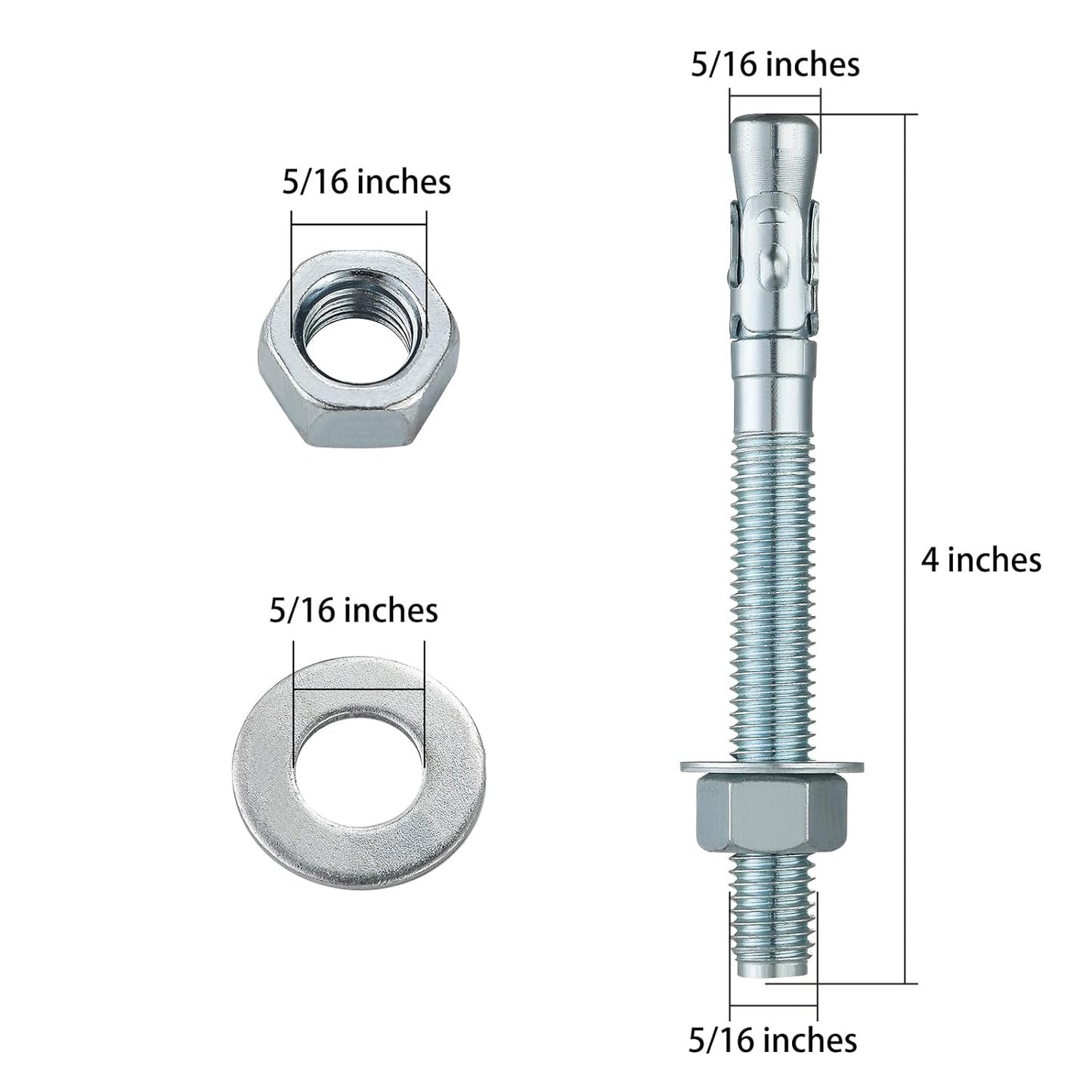 5/16x4" 50Pcs Inch Standard Fasteners for Heavy-Duty Zinc Wedge Anchors for Cement and Concrete