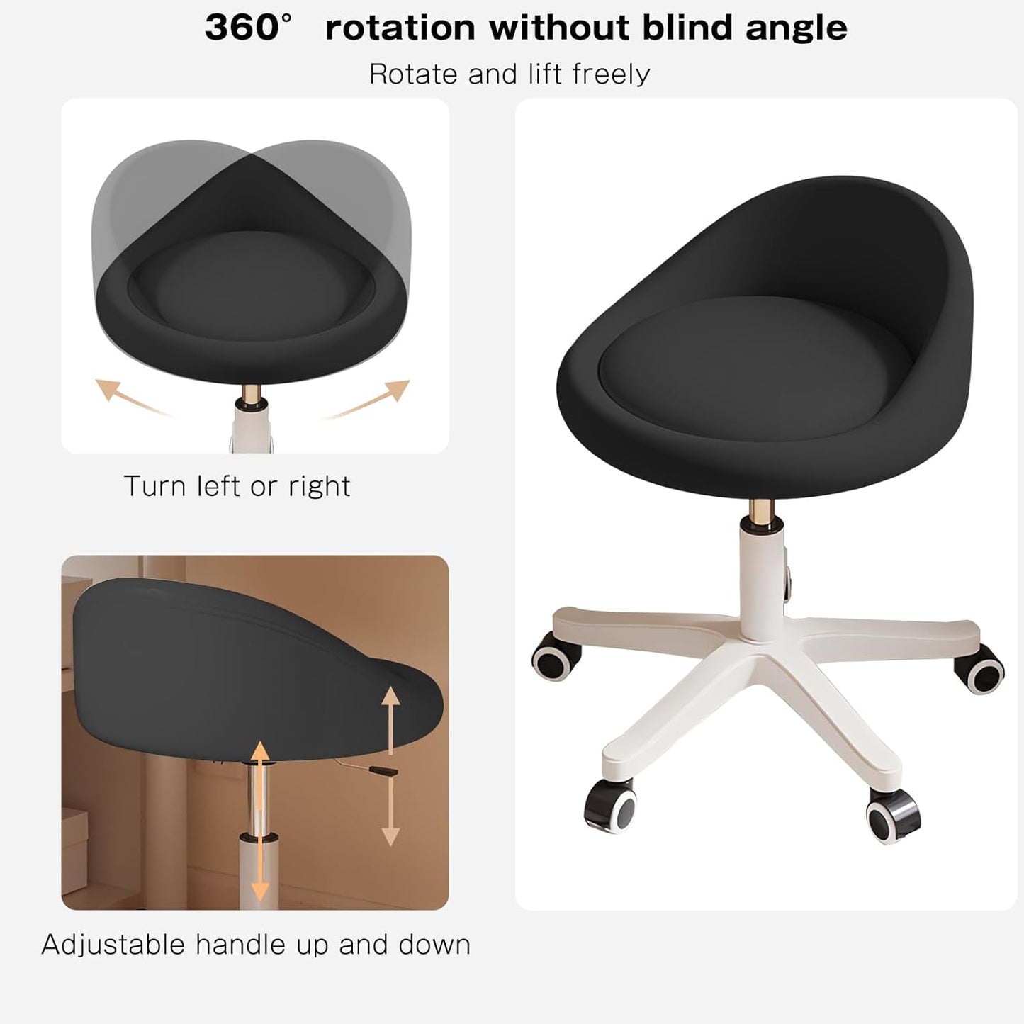 Rolling Stool Set of 4 Rolling Hydraulic Salon Stool with Low Backrest - Adjustable Swivel Chair for SPA, Shop, Salon, Massage, or Medical Office Black