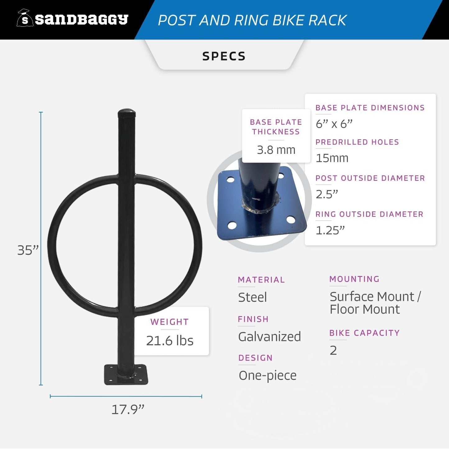 Sandbaggy Post and Ring Bike Rack - Commercial Bike Racks - Galvanized Steel - Anti-Theft Design - In Ground, Apartments, Sidewalks, Industrial (Orange, 2)