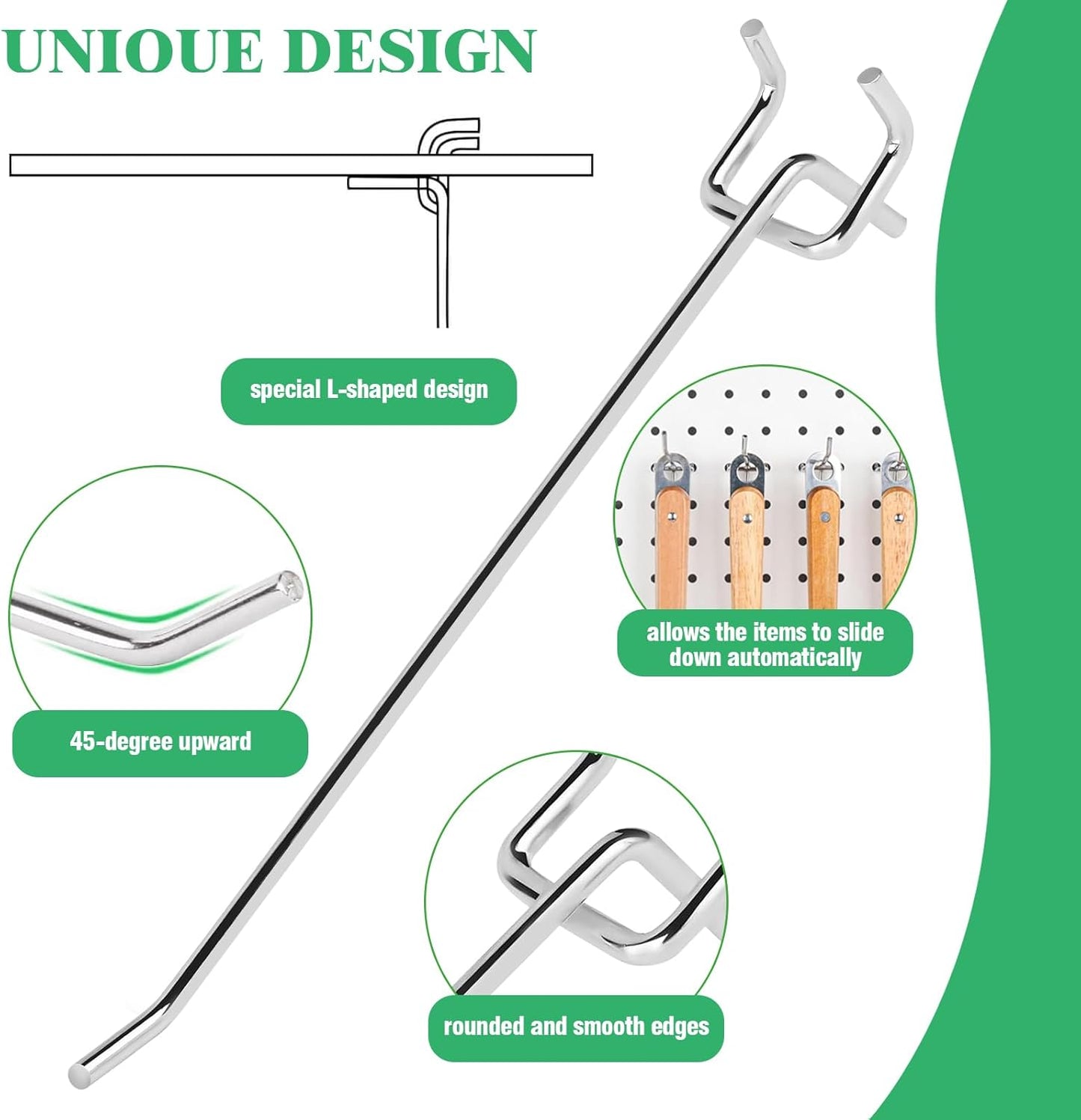 50Pcs 8"/20CM Pegboard Hooks Assortment Set, Metal Peg Board Hooks with 2.5mm Hole Pitch 4mm Wire Diameter Slatwall Hanging Hook for Garage Organization Wall Hanging (Silver)