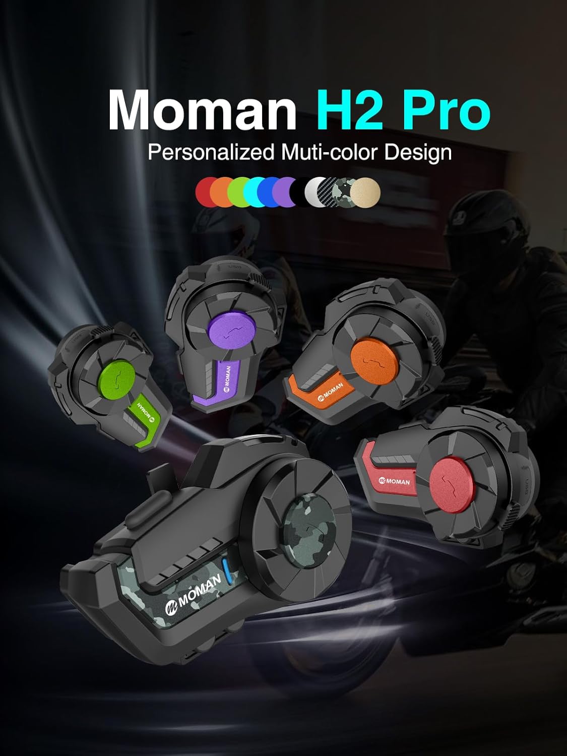 Motorcycle Intercom Headset, Moman H2 Pro【1 Pack Carbon】 Helmet Wireless Communication 5.1 System with DSP&CVC Noise Cancellation Music Share AI Assistant, Motorcycle-Intercom-Headset-Helmet-Motorbike