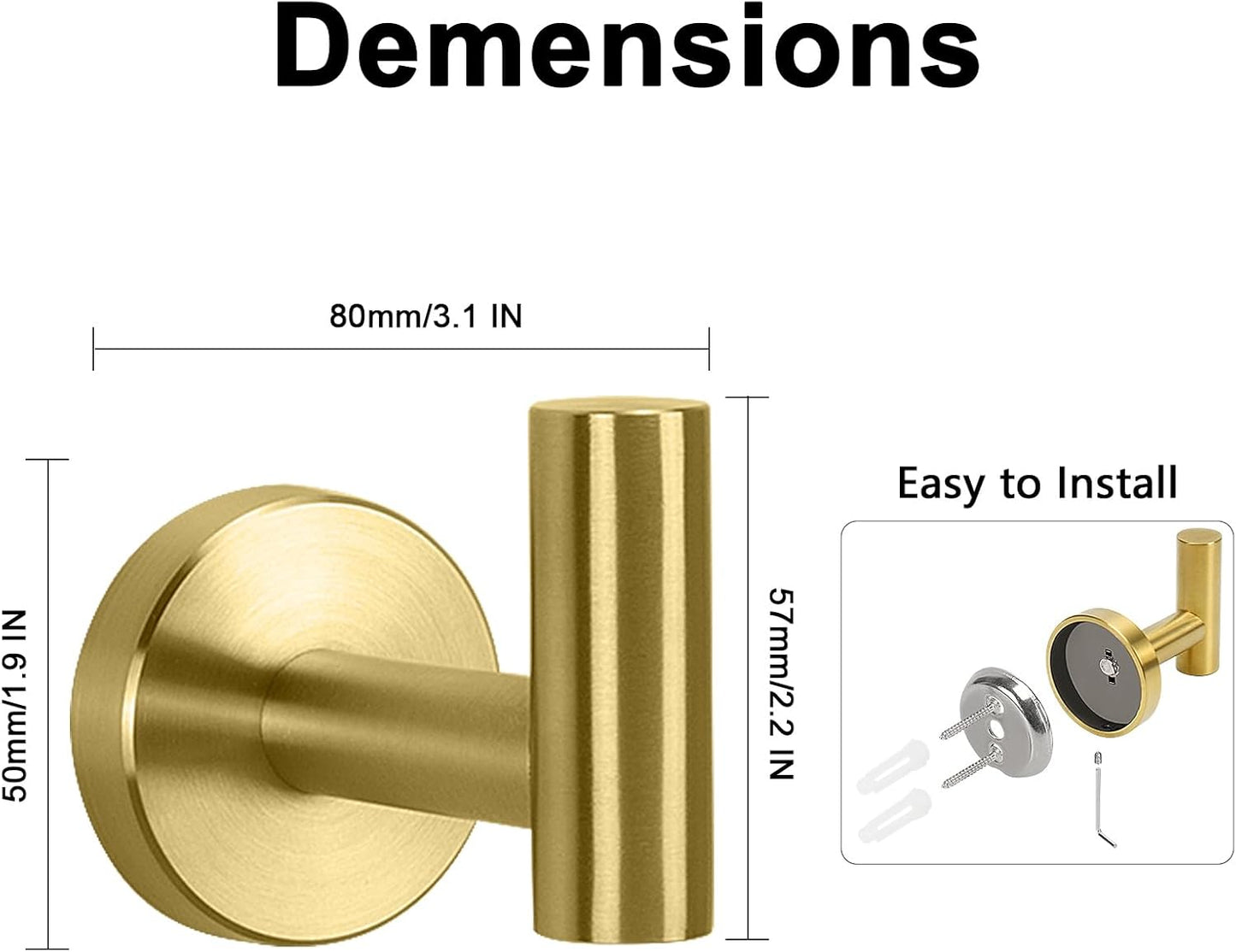 NearMoon Bath Towel Hooks- SUS 304 Stainless Steel Robe Hook Holder, Heavy Duty Coat Hook for Bathroom Livingroom Hotel Kitchen Garage, Wall Mounted (Brushed Gold, 4 Pack)