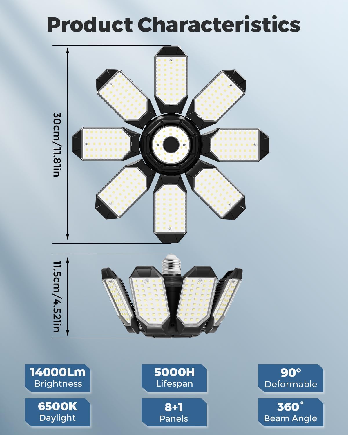 Adiding LED Garage Ceiling Lights 14000Lm w/ 8 Adjustable Panels, Super Bright Deformable Basement Light Bulb Fixture Screw in E26 Bulbs Socket for Indoor Shop, Workshop, Attic, Barn, Bay, Home Gym