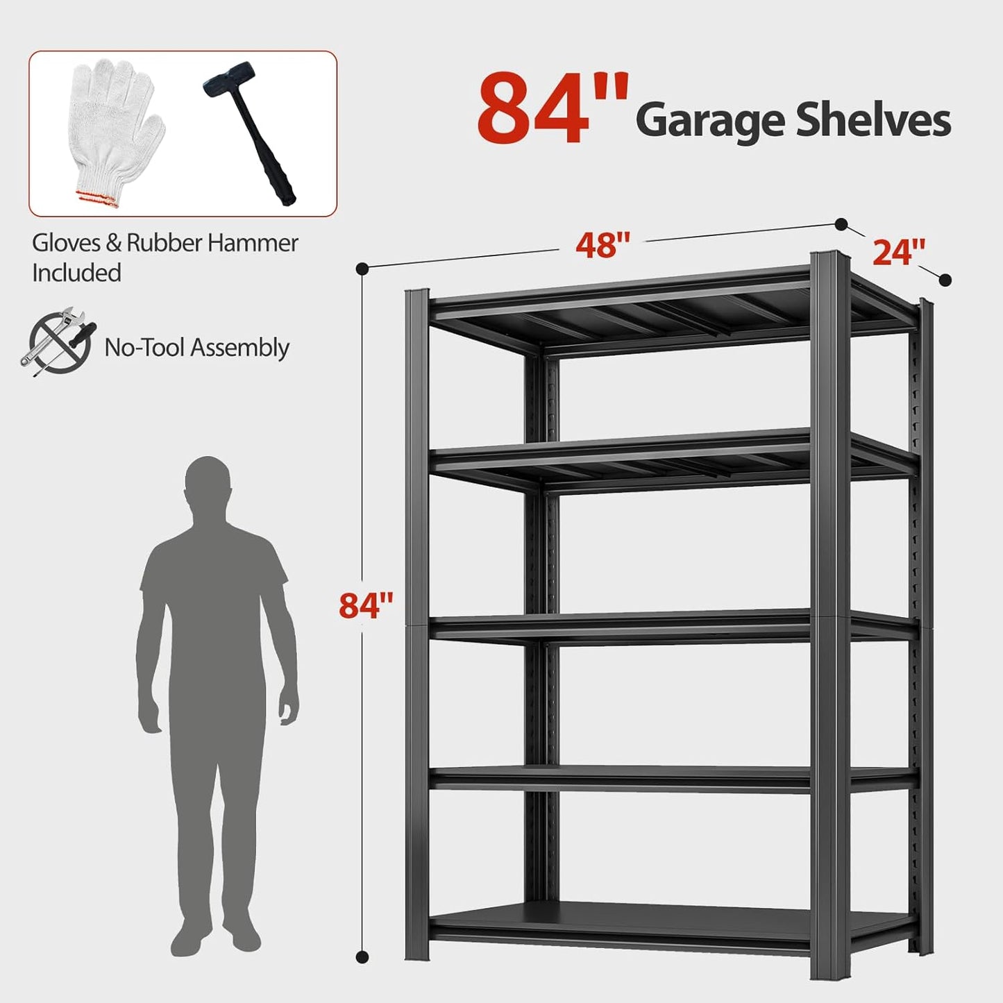 5 Tier Metal Shelving Unit 84" H x 48" W x 24" D, 3000LBS Adjustable Storage Shelves, Heavy Duty Garage Shelves for Warehouse, Basement, Kitchen, Pantry, Living Room, Black