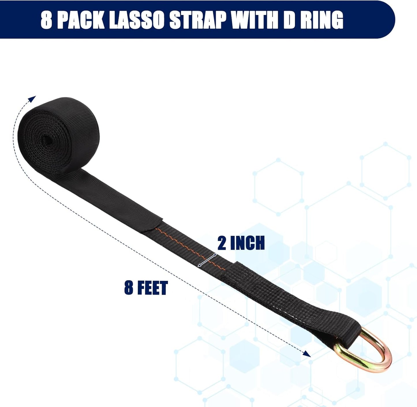 8Pack 2'' X 8ft Tow Truck Straps Lasso Wheel Lift Straps Lasso Tow Strap with D Ring 11, 000 Lbs Break Strength Auto Tie Down Auto Hauler for Trailer Truck Tie(Black)