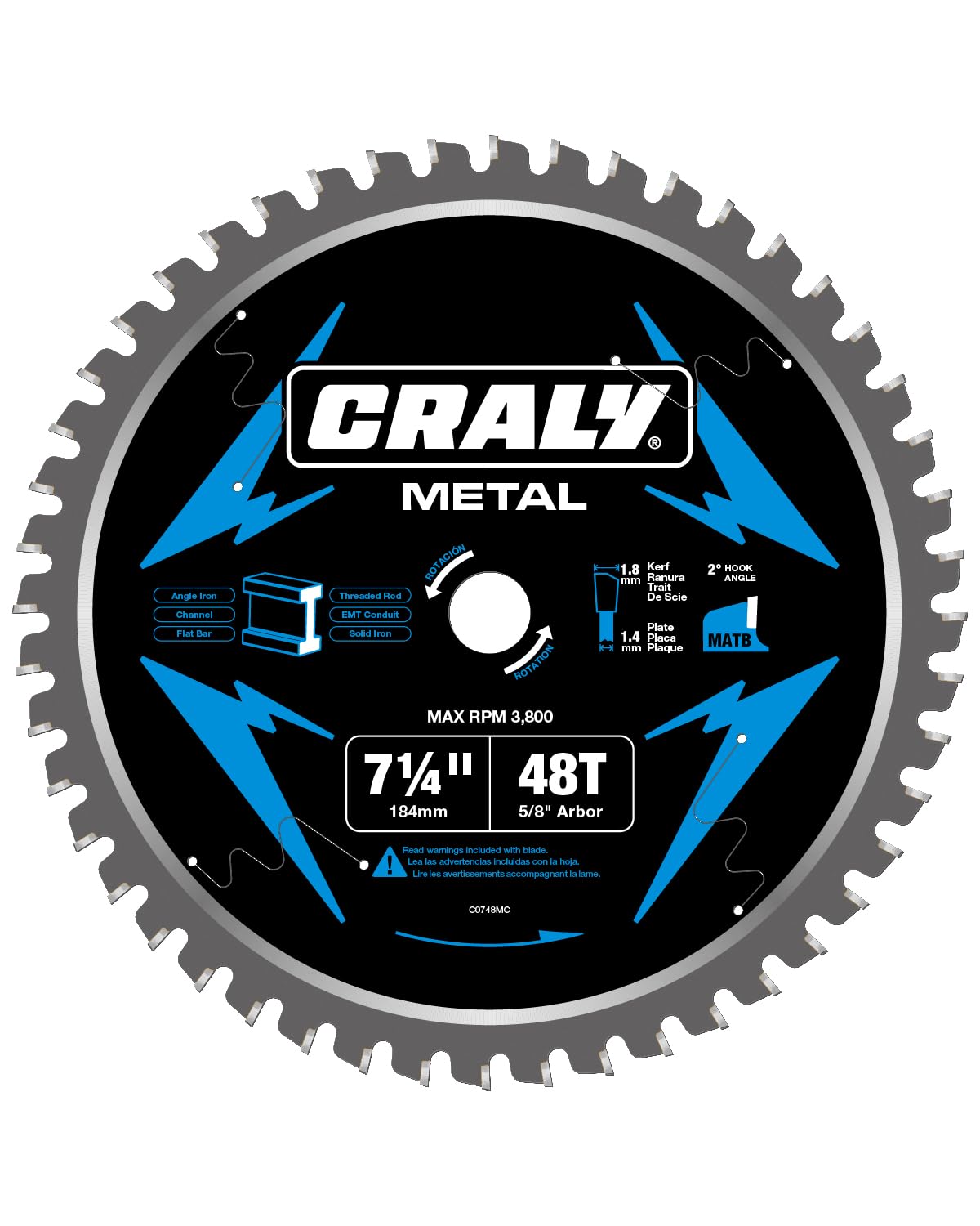 CRALY 7-1/4 Inch 48 Teeth Steel and Ferrous Metal Cutting Circular Saw Blade, 5/8 Inch Arbor, Thin Kerf, Professional Carbide Tipped Blade for Angle Iron, Threaded Rod, EMT Conduit(C0748MC)