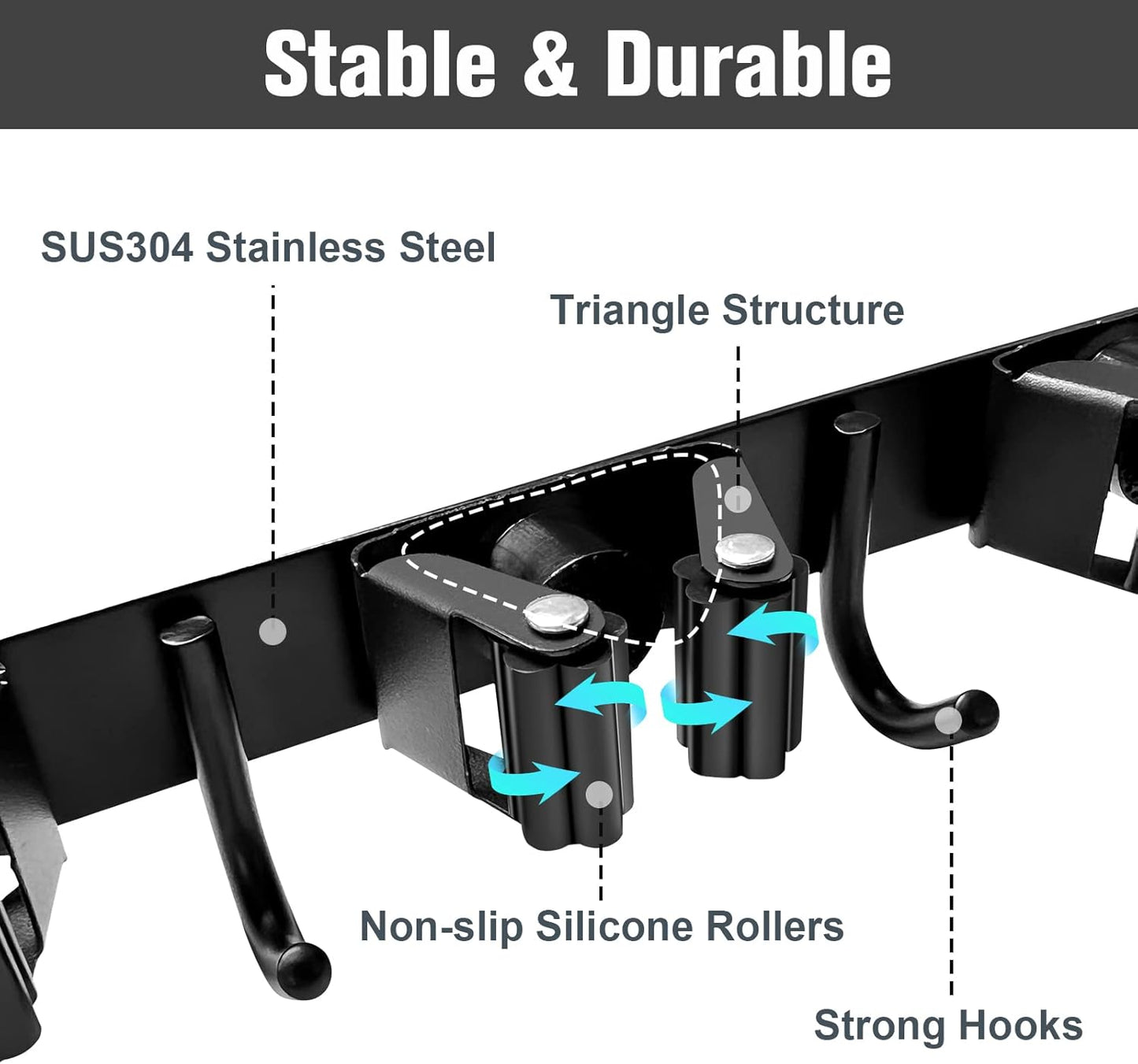 Mop and Broom Holder Wall Mount 4 Racks and 5 Hooks Broom Organizer Storage Tool Racks Stainless Steel Heavy Duty Hooks for Home Kitchen Garden Laundry Garage