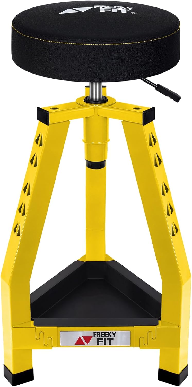 Adjustable Tall Shop Stool, Mechanic Garage Bar Stool Chair, Work Metal Chair for Workshop,360° Swivel Padded Seat, Tool Tray Storage, 350 LBS Capacity, Heavy Duty, Yellow