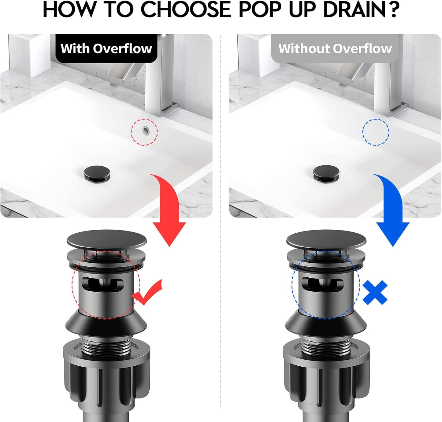 Bathroom Sink Drain with Overflow, PureHome Bathroom Sink Stopper, Pop Up Bathroom Drain Stopper Sink Plug - Engineering Plastic Material - Matte Black