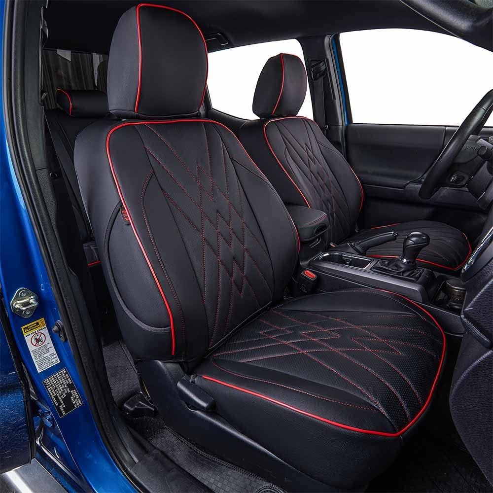 EKR Custom Fit Tacoma Front Car Seat Covers for Select Toyota Tacoma 2016 2017 2018 2019 2020 2021 2022 2023 Double Cab/Access Cab - Front Row Only, Leather (Black with Red Trim)