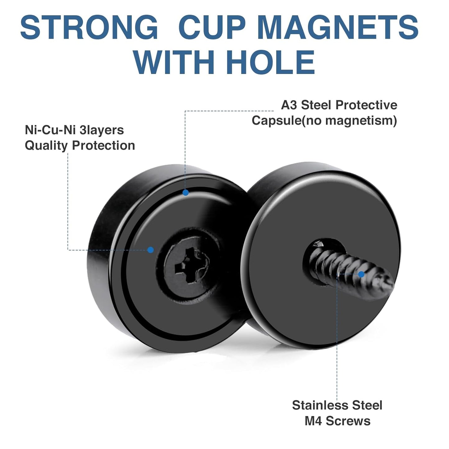 MIKEDE Neodymium Magnets, 30lbs Earth Magnets Heavy Duty, Small Round Rare Earth Base Magnet with Holes in The Center, Cup with Screws Disc Magnet for Wall Mounting - 6 Pack