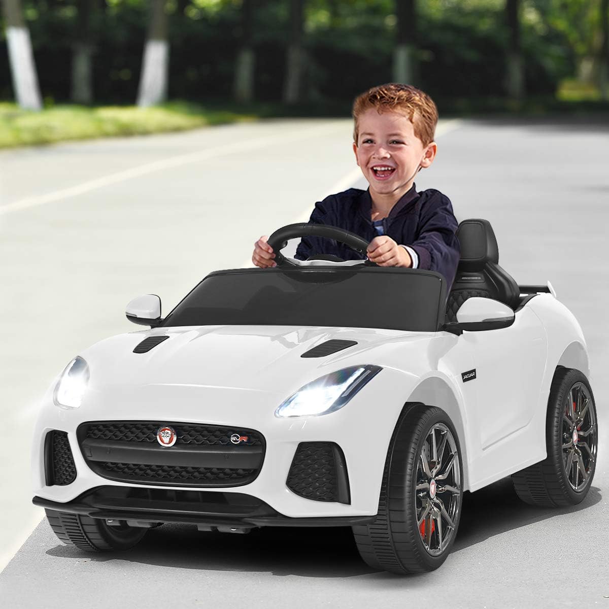 Costzon Ride on Car, 12V Licensed Jaguar F-Type SVR Battery Powered Kids' Electric Vehicles w/Remote Control, Front/Rear Lights, MP3/Music/3 Speeds/Spring Suspension, Kids Car Toy for Toddler(White)