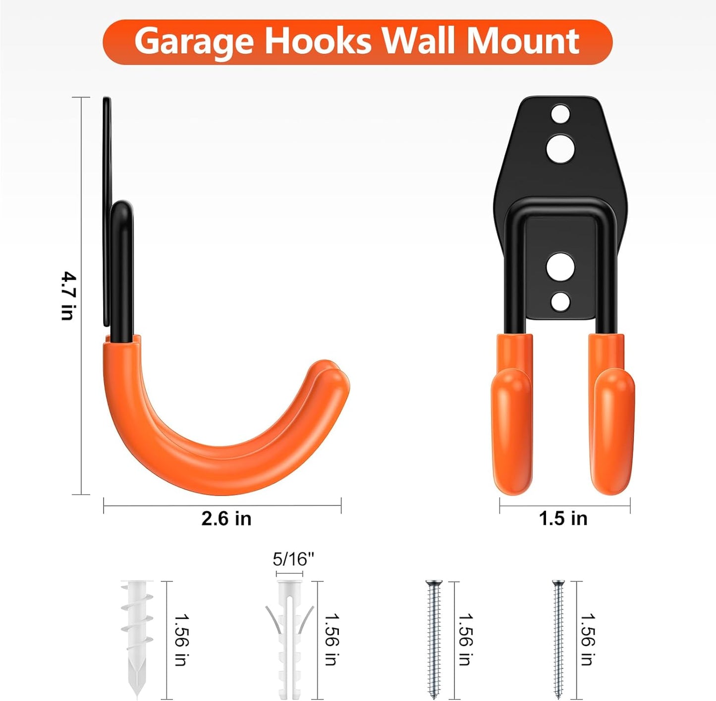 4 Pack 4.7x2.6 Inch Utility Steel Wall Mount Heavy Duty Garage Hooks with Anti-Slip Coating,Storage More Yard,Garden and Power Tools and for Hanging Hose,Ladder and Bike