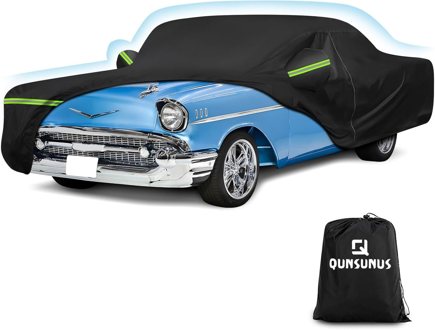 QUNSUNUS Waterproof Car Cover for Chevrolet Bel Air/150/210 1950-1957 Sedan/Coupe/Hardtop, All Weather Outdoor Car Covers with Zipper, Straps and Elastic Edge