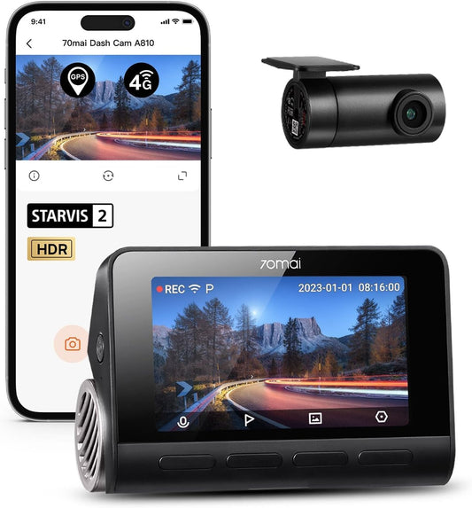 70mai A810 4K Dash Cam Front and Rear, Dual Dash Camera for Cars with Starvis 2 HDR Night Vision, 4G LTE Support, ADAS, Built in GPS & WiFi, 24/7 Parking Mode, AI Motion Detection, Time-Lapse