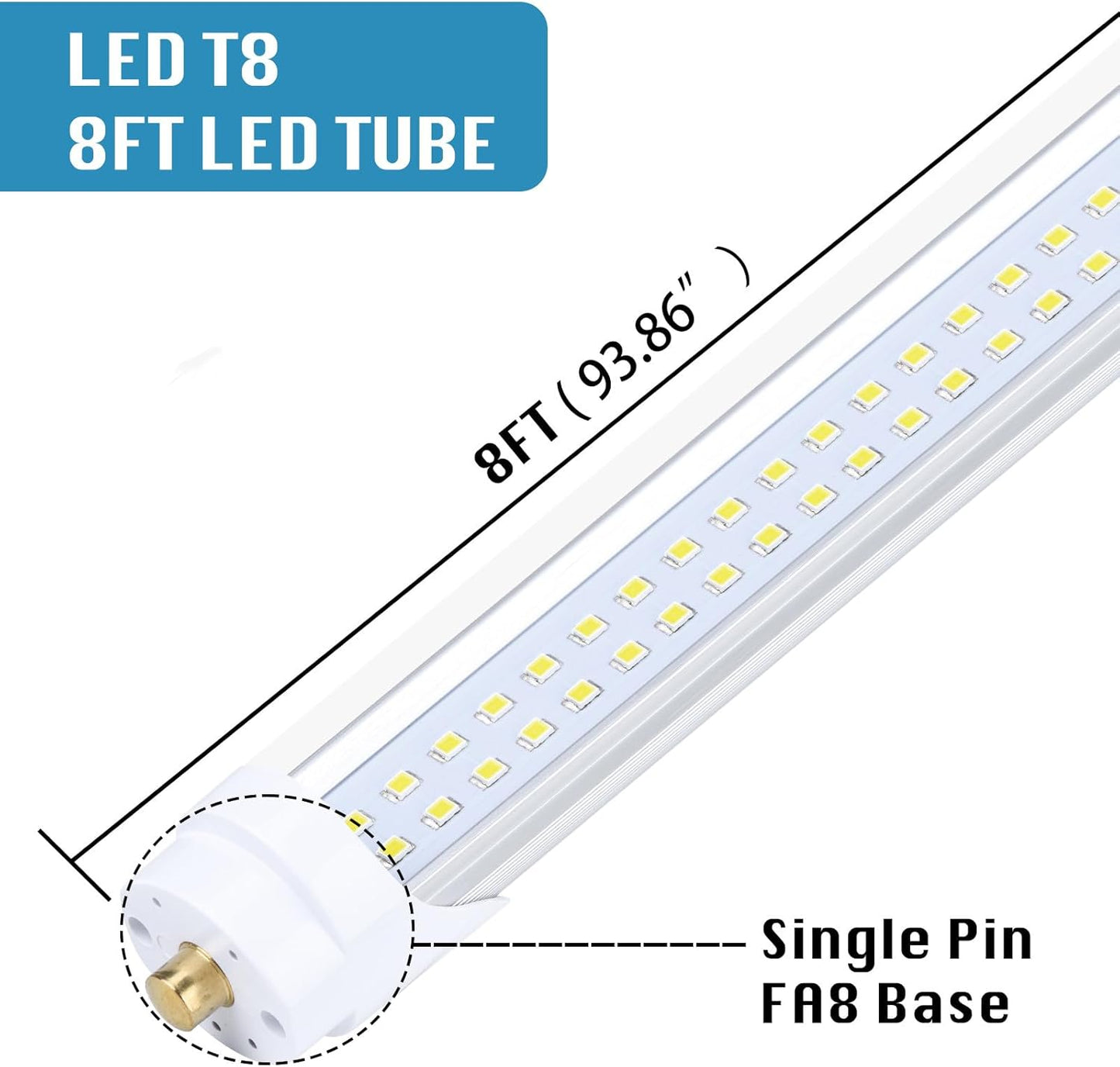 4-Pack, 8 Foot LED Bulbs, 100W 15000lm 6000K Cold White, Super Bright, T8 T10 T12 LED Tube Lights, FA8 Single Pin LED Lights, Clear Cover, 8 Foot LED Bulbs to Replace Fluorescent Light Bulbs