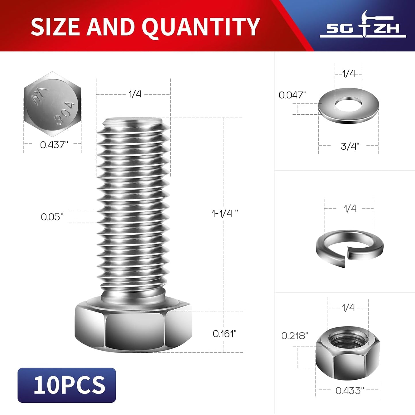 1/4-20 x 1-1/4" Hex Head Screw Bolt, Nuts, Flat & Lock Washers, 10Pcs 18-8 (304) Stainless Steel, Fully Threaded, by SG TZH