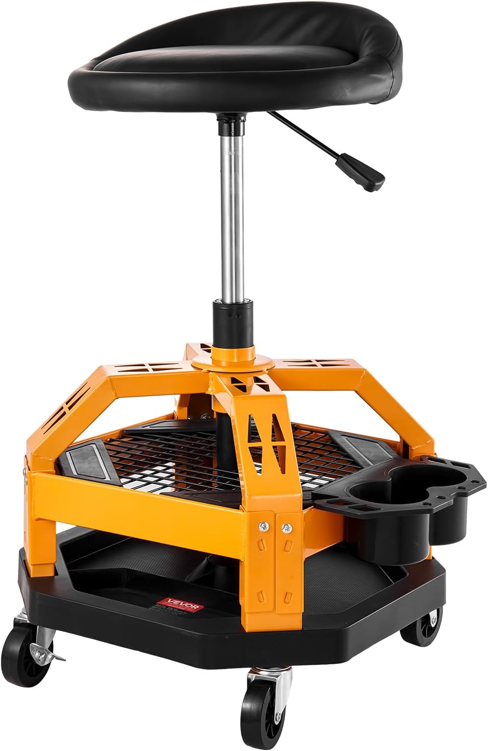 VEVOR Garage Stool, Rolling Mechanic Stool with Dual Storage Trays, Pneumatic Height 23.6–29.5 in, Soft Waterproof Cushion, 360° Swivel Casters for Garage, Shop & Auto Repair