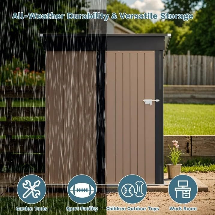 Greesum 5×3FT Outdoor Storage Shed, Metal Patio Storaged Sheds with Lockable Doors, Sheds & Outdoor Storage for Bike, Backyard, Pool and Garden, Brown