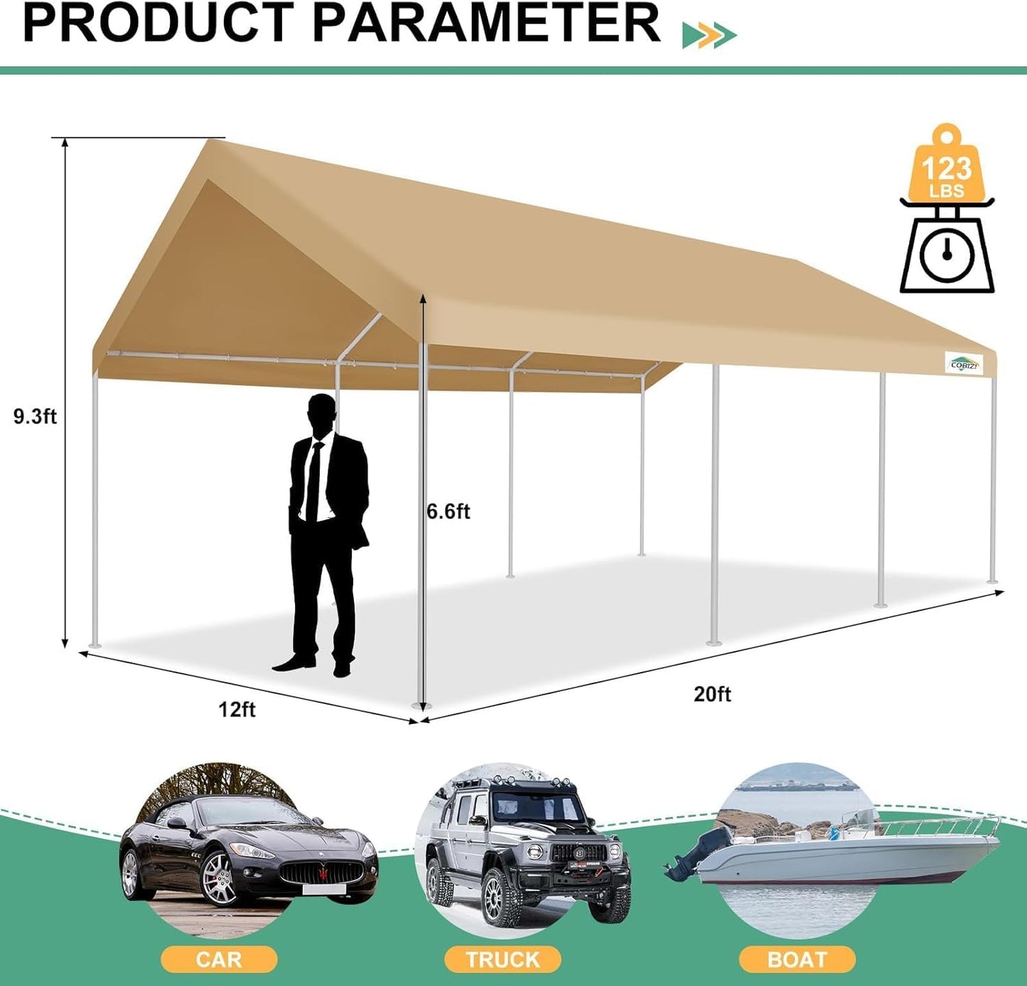 COBIZI 12x20ft Carport Heavy Duty, Portable Car Garage Outdoor Party Tent with Built-in Sandbags, Waterproof Car Canopy for Truck, Boat, SUV with All-Season Tarp, Khaki