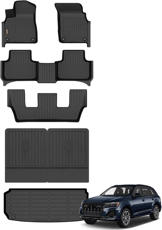 Binmotor-All Weather Car Floor Mats Cargo Liner Set for Audi Q7/SQ7 2020-2024 2025(Not for 5 Seats), 2 Rows with Cargo Mat TPE Rubber Liners for Audi Q7 Accessories Trunk Mat-Black