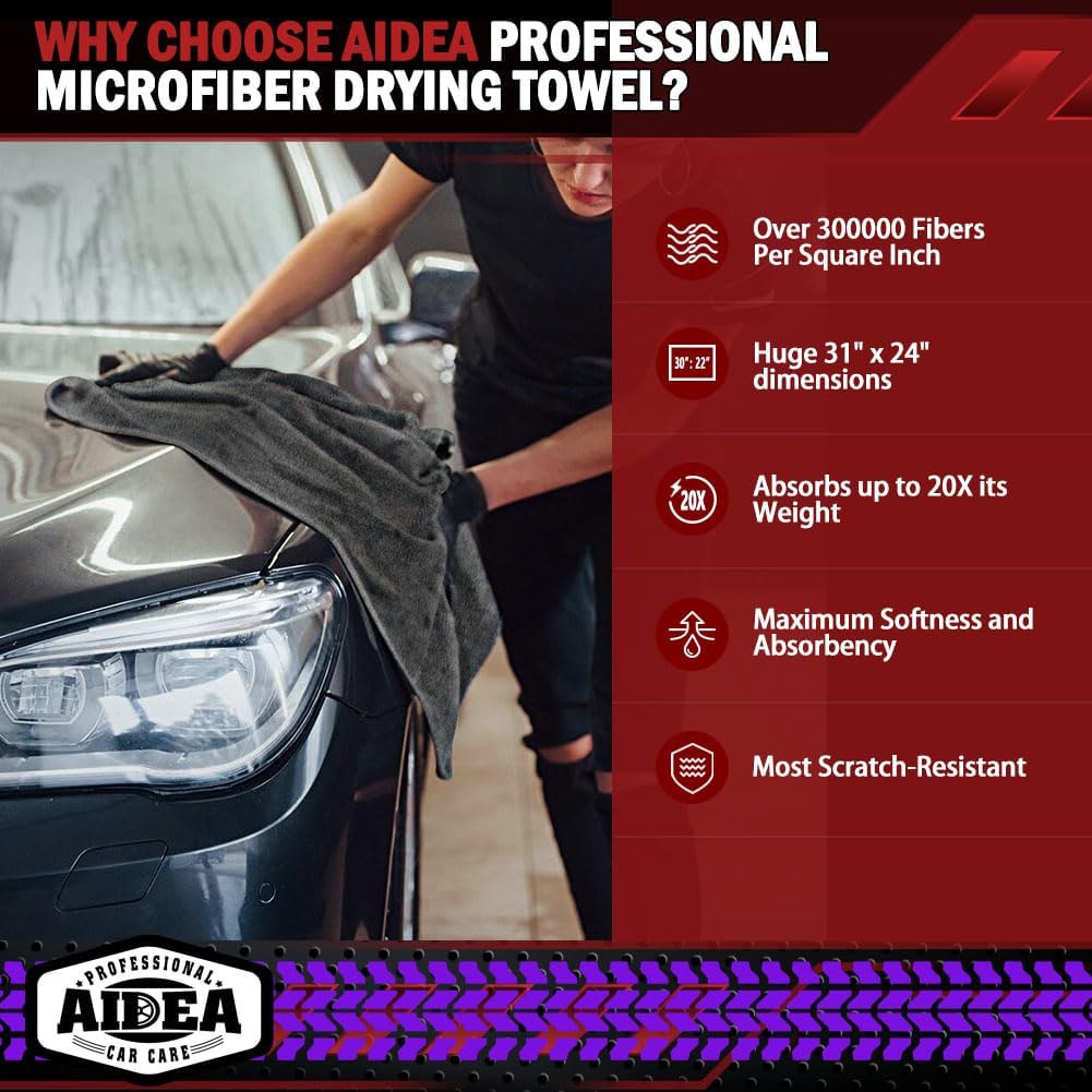 AIDEA Microfiber Towels for Cars-2PK, Large Professional Car Drying Towel, Scratch-Free & Absorbent Drying Towel for Cars, SUVs, RVs, Trucks, and Boats, 24inx 31in, Grey