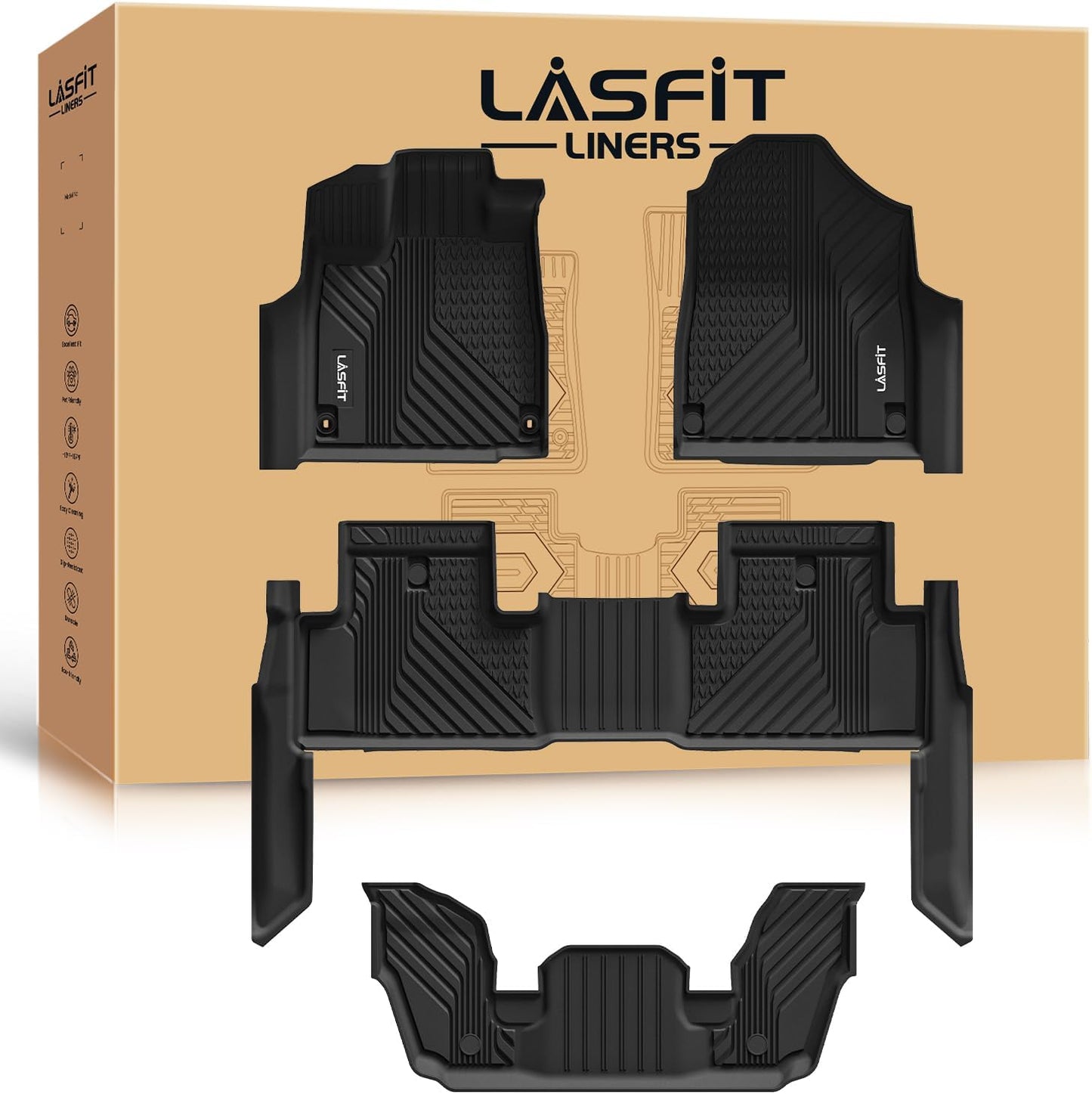 LASFIT Floor Mats for Acura MDX (2022-2026) All Weather Floor Liner TPE Custom Fit Car Mats for Acura MDX 1st & 2nd & 3rd Row Mats, Black,Tasteless, Durable and Easy to Clean
